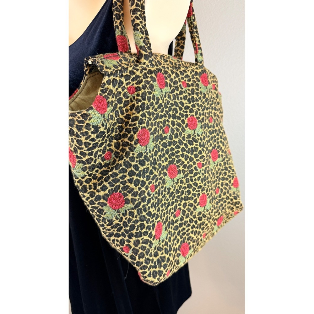 Cind E Original Vtg Leopard Rose Tapestry Tote Bag Animal Print Floral - Picture 11 of 16